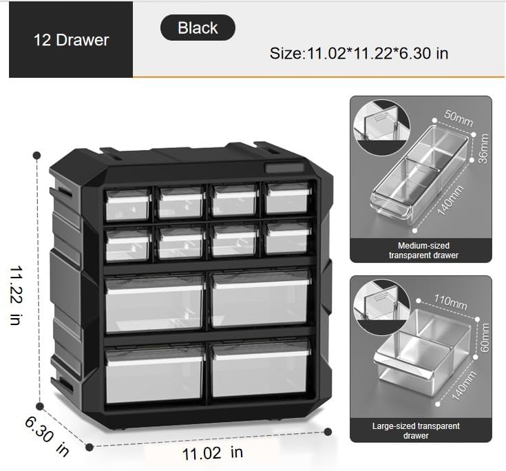 Black 12-Drawer Plastic Organizer Cabinet Multi Compartment Storage