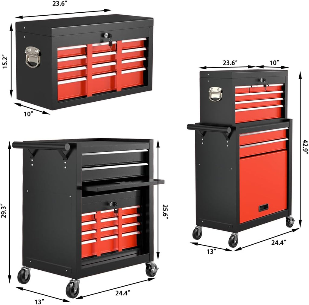 Black Red Rolling 8-Drawer Lockable Detachable Tool Chest