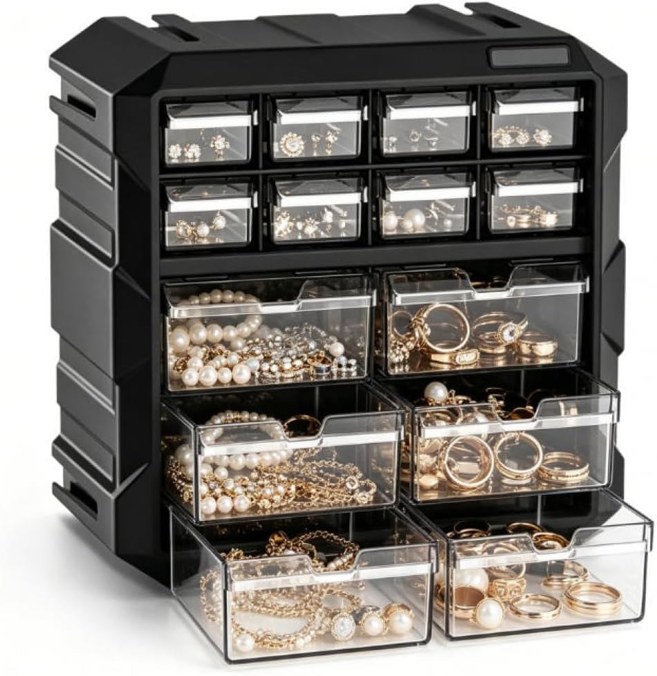 Black 12-Drawer Plastic Organizer Cabinet Multi Compartment Storage