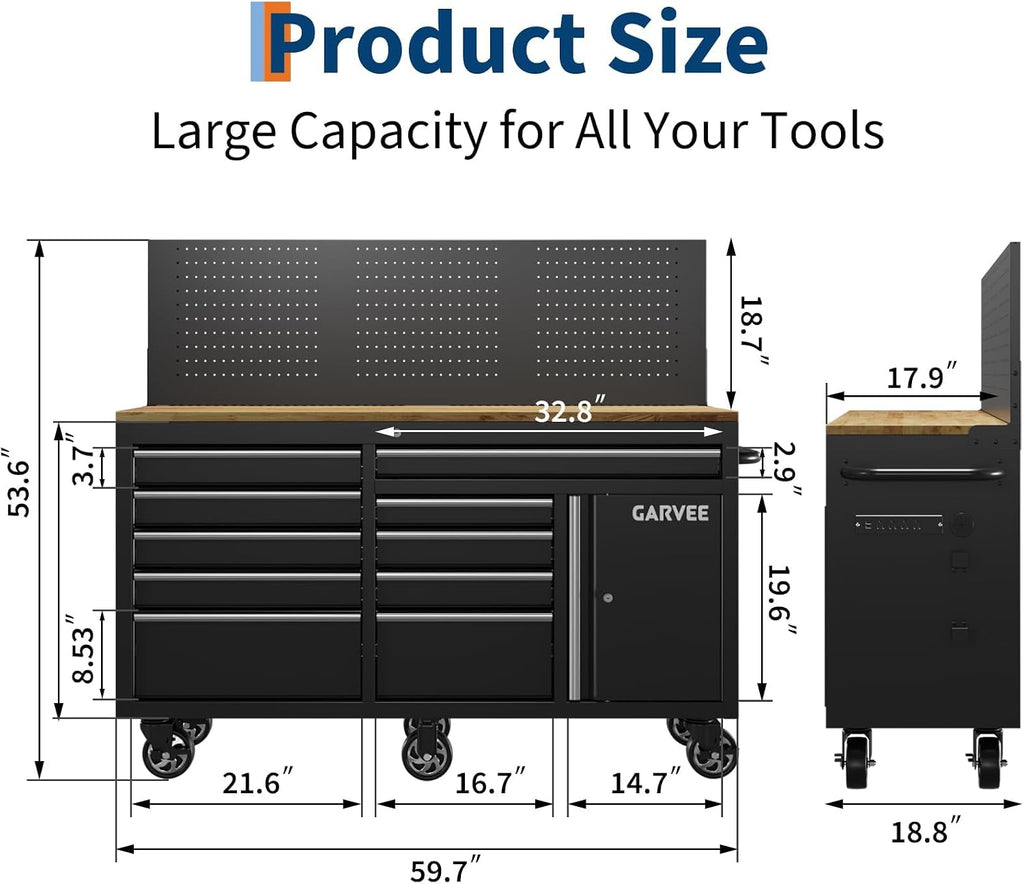 60in Black 10-Drawer Rolling Tool Chest Pegboard Charging Station