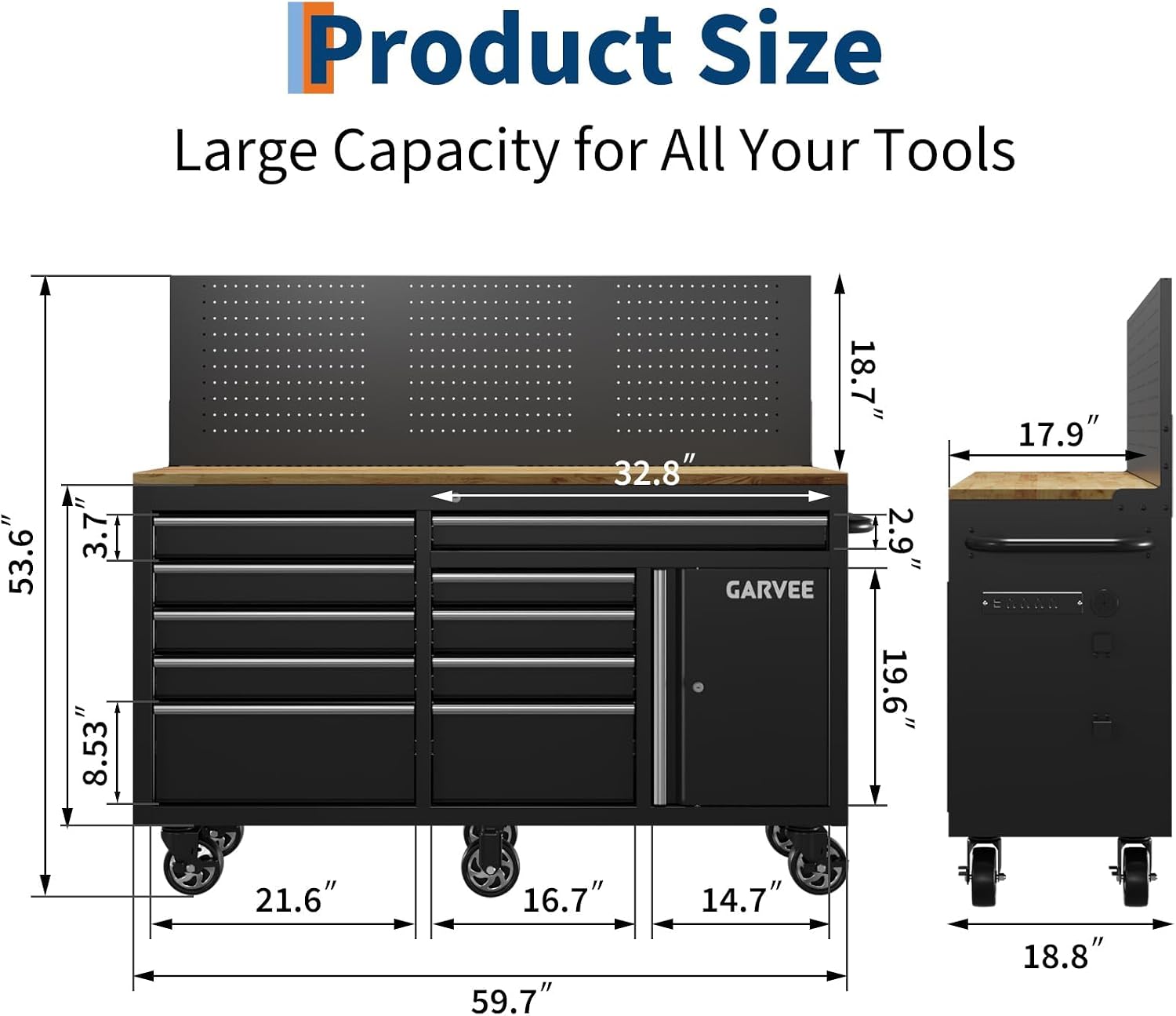 60in Black 10-Drawer Rolling Tool Chest Pegboard Charging Station