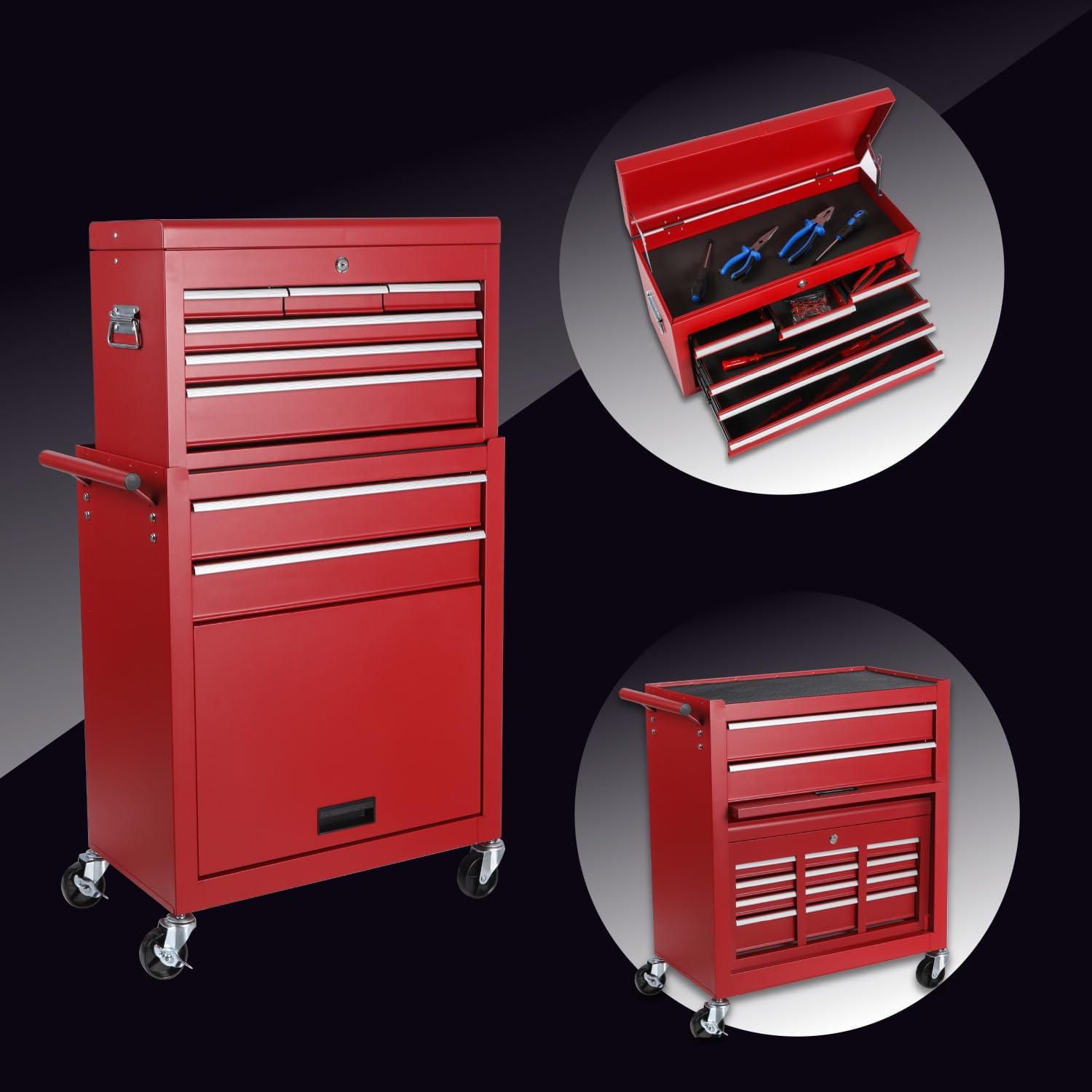 Rolling 8-Drawer Tool Cabinet Detachable Lockable Top Box