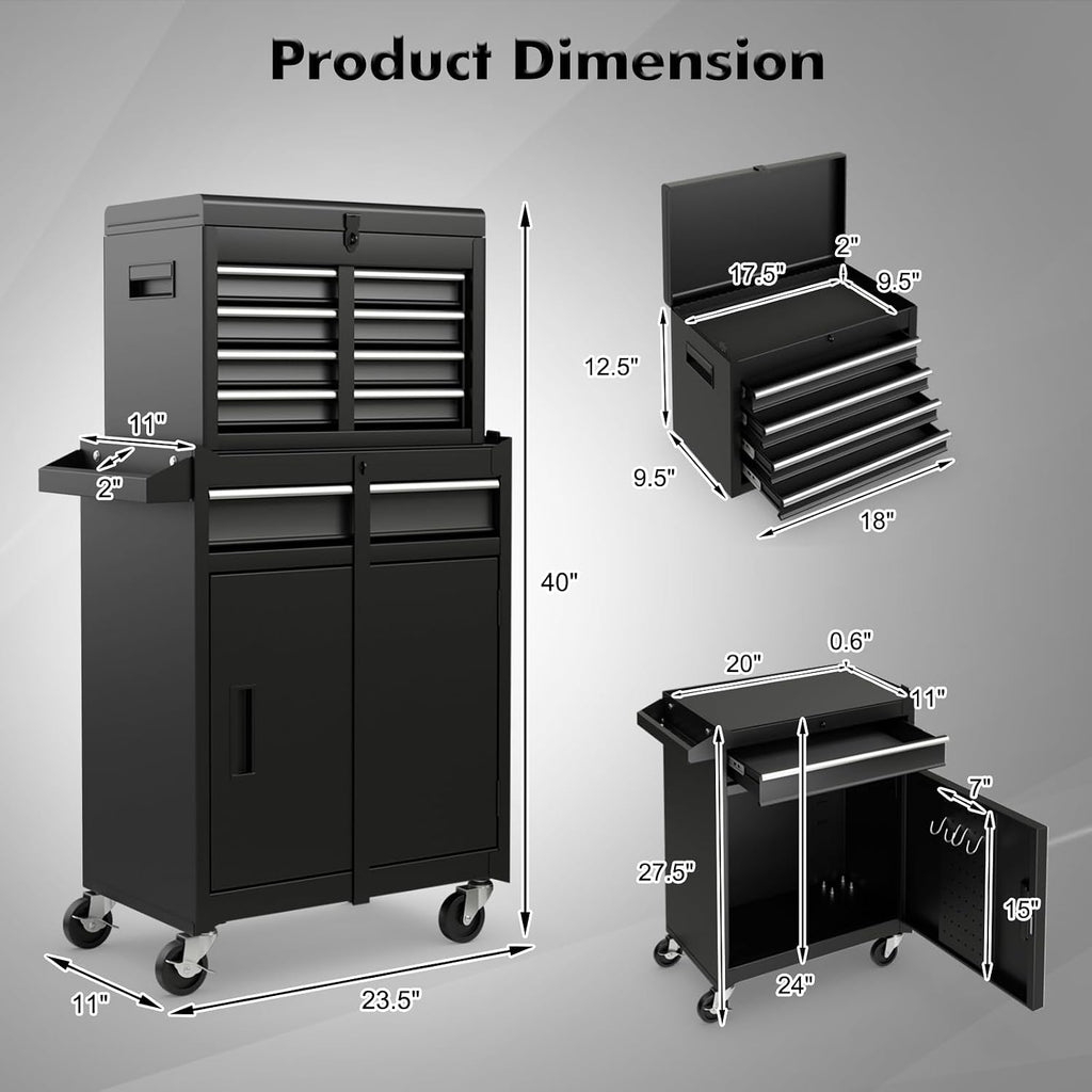 Black Rolling 5-Drawer Removable Lockable Metal Tool Chest