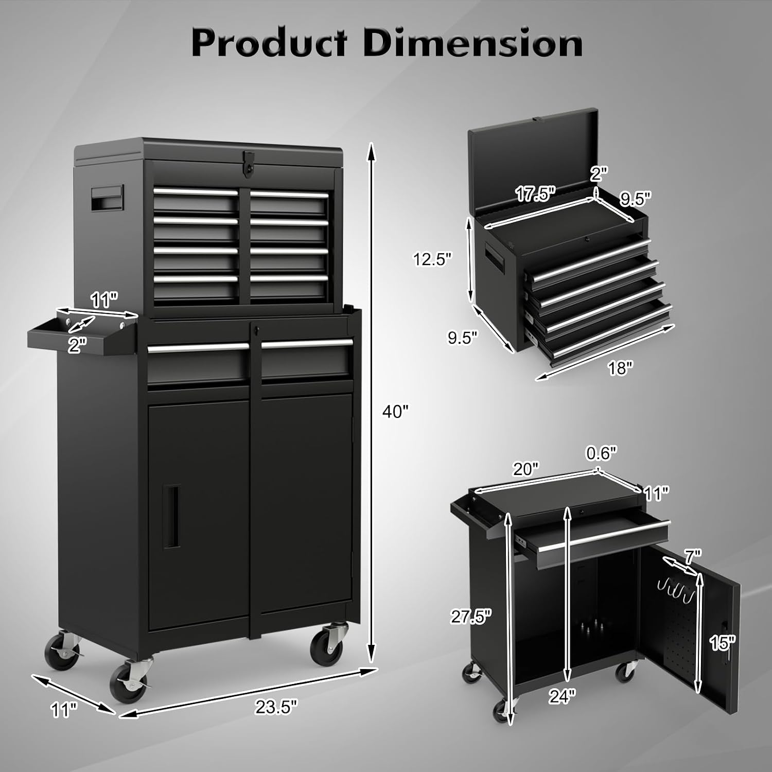 Black Rolling 5-Drawer Removable Lockable Metal Tool Chest