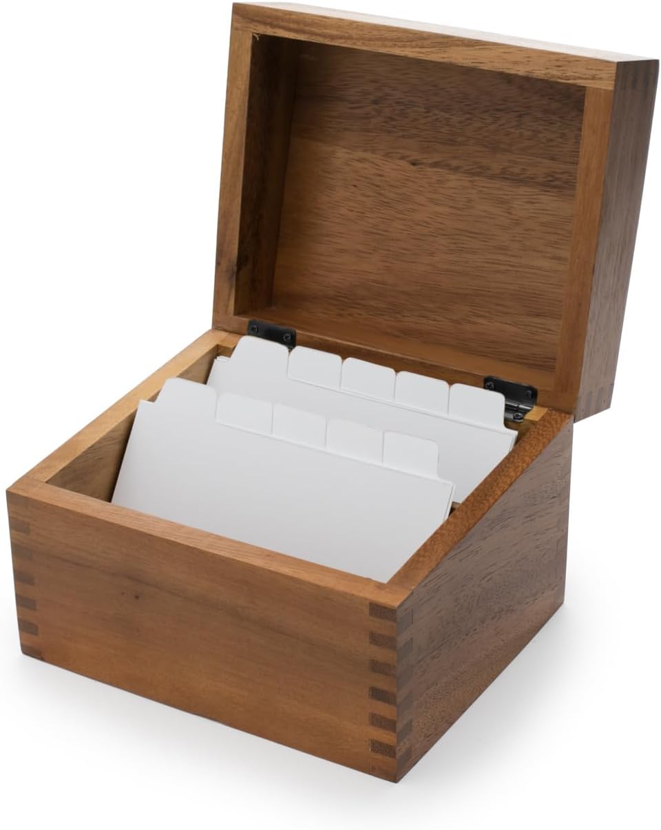 Acacia Wood Recipe Box Two Compartments Divider Tabs