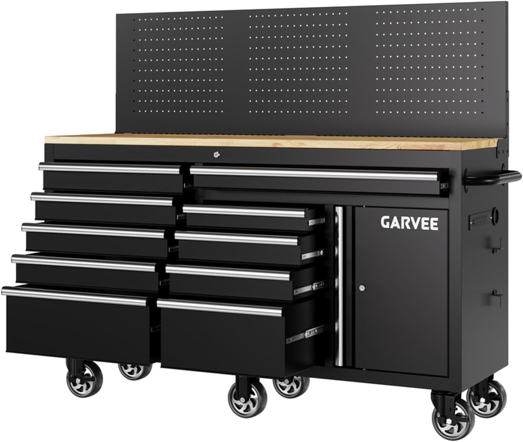60in Black 10-Drawer Rolling Tool Chest Pegboard Charging Station