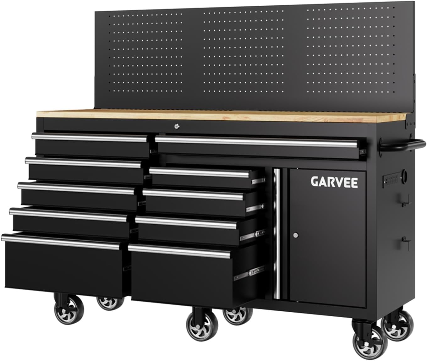 60in Black 10-Drawer Rolling Tool Chest Pegboard Charging Station