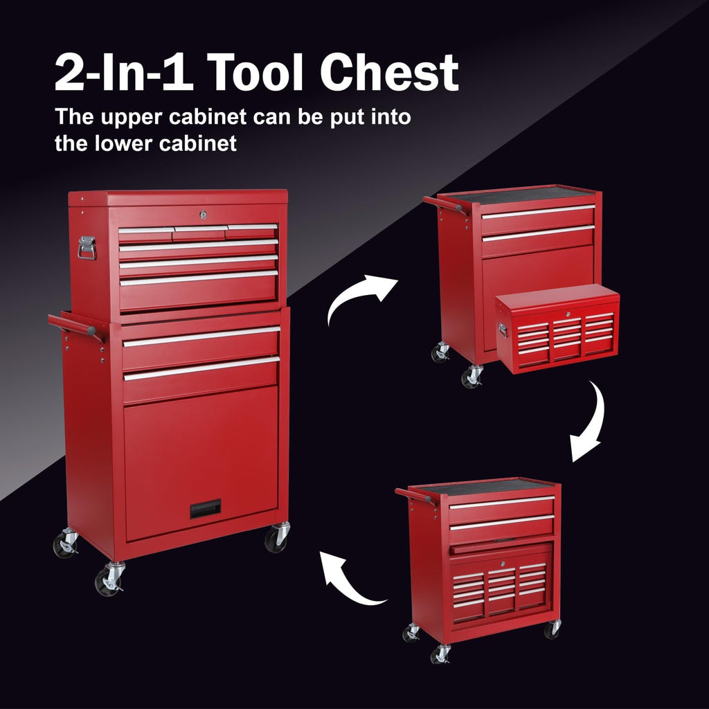 Rolling 8-Drawer Tool Cabinet Detachable Lockable Top Box