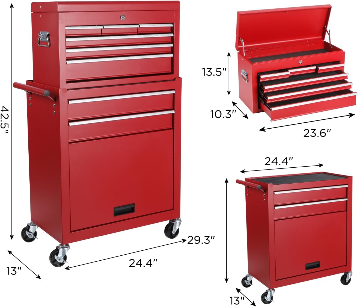 Rolling 8-Drawer Tool Cabinet Detachable Lockable Top Box