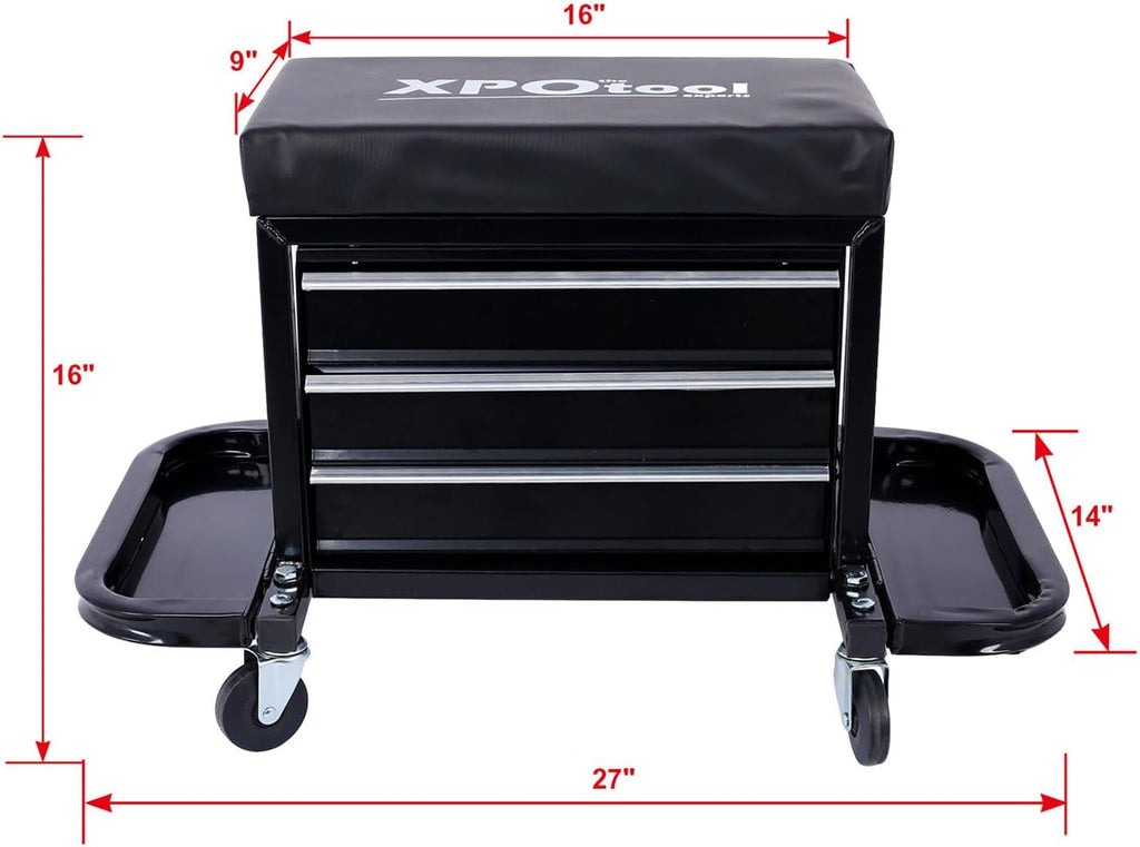 Black Rolling Tool Seat Drawers Magnetic Trays Swivel Casters