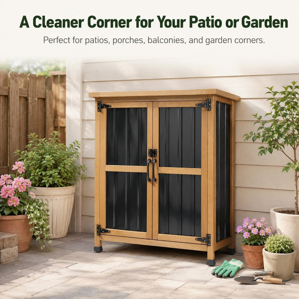Weatherproof Wood Metal Garden Cabinet Lockable Removable Shelves