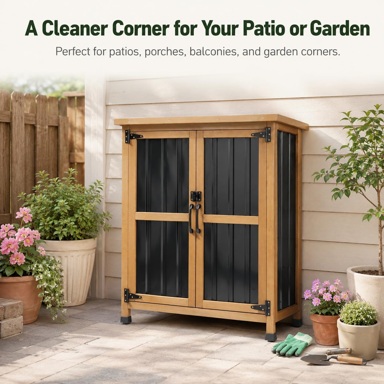 Weatherproof Wood Metal Garden Cabinet Lockable Removable Shelves