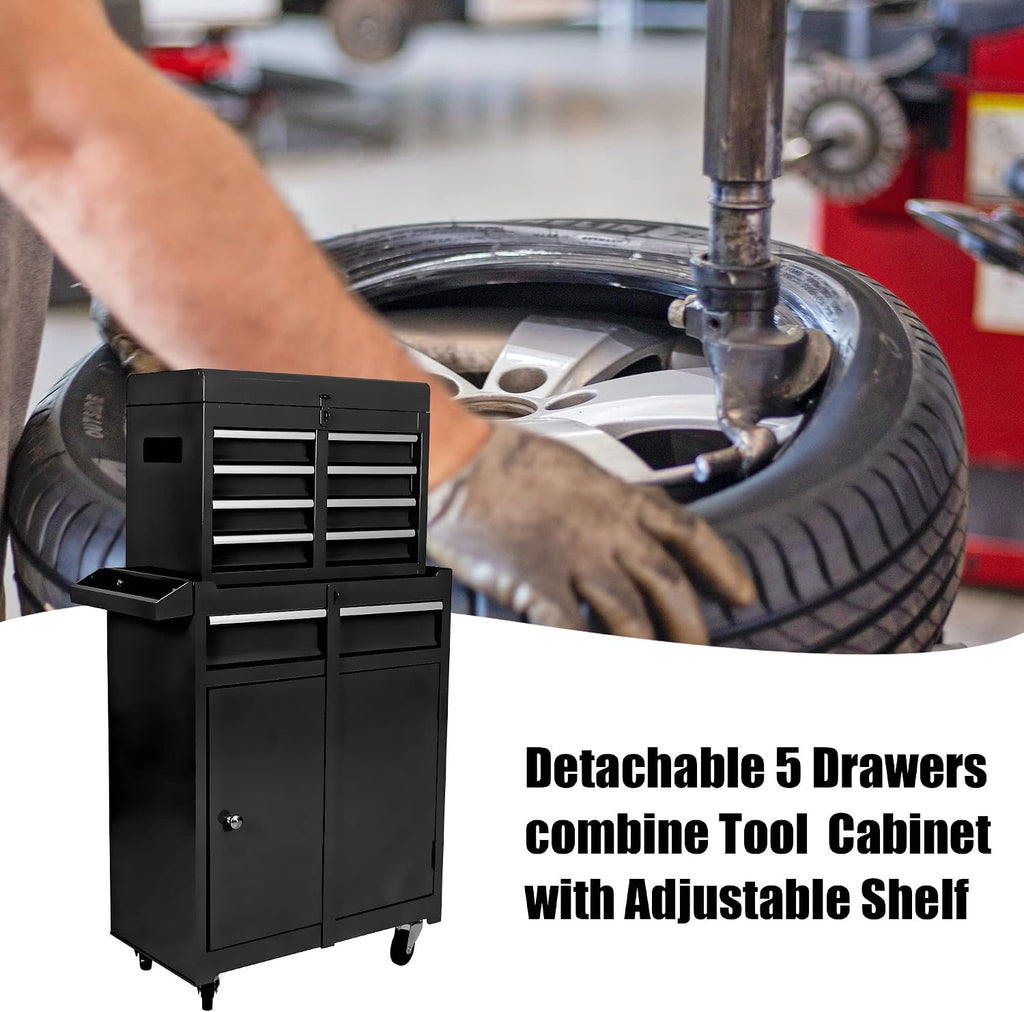 Black Rolling 5-Drawer Tool Cabinet Slides Hanging Panel