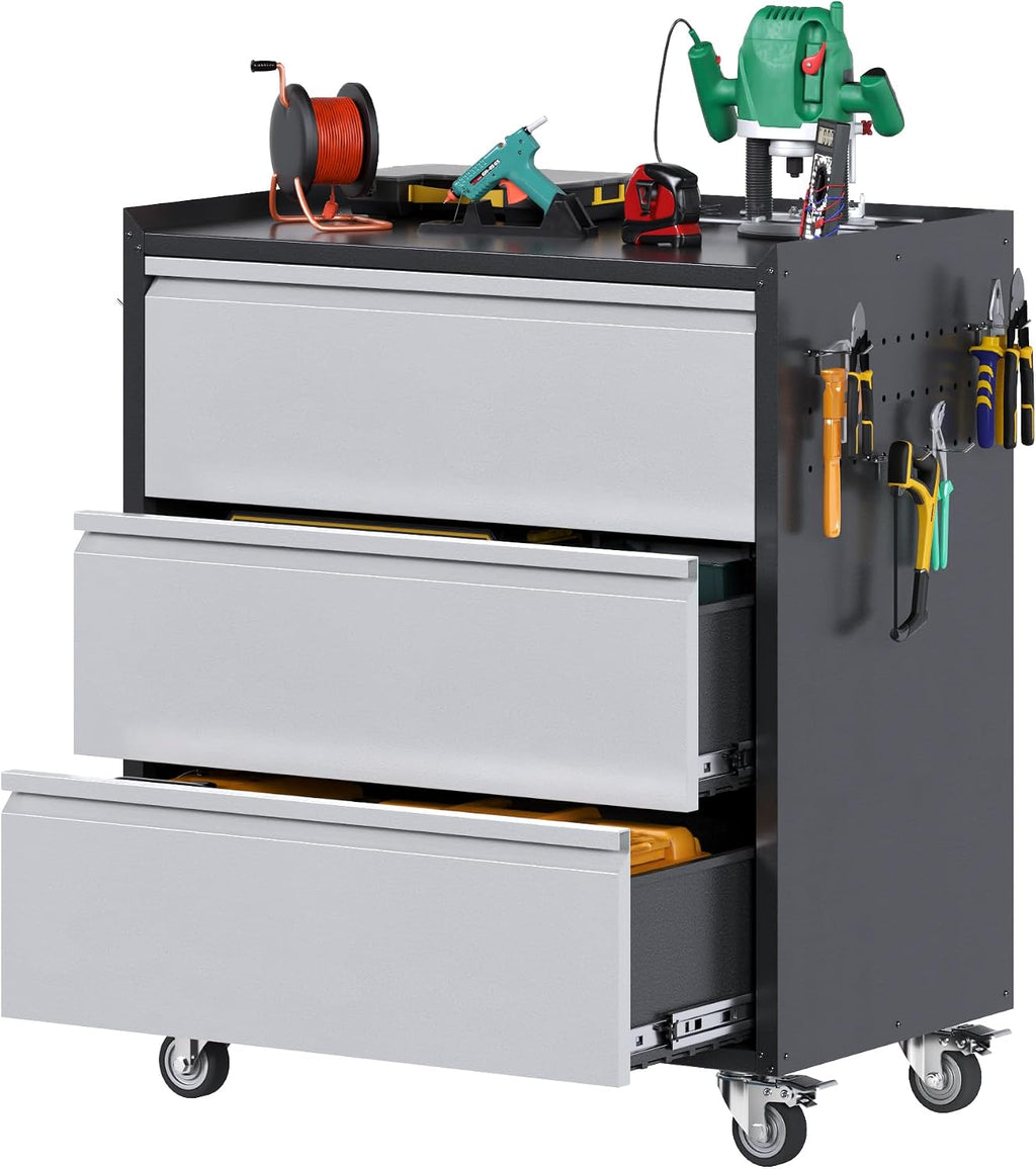 Black Gray Rolling 3-Drawer Tool Cabinet Pegboards Casters