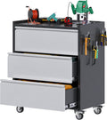 Black Gray Rolling 3-Drawer Tool Cabinet Pegboards Casters