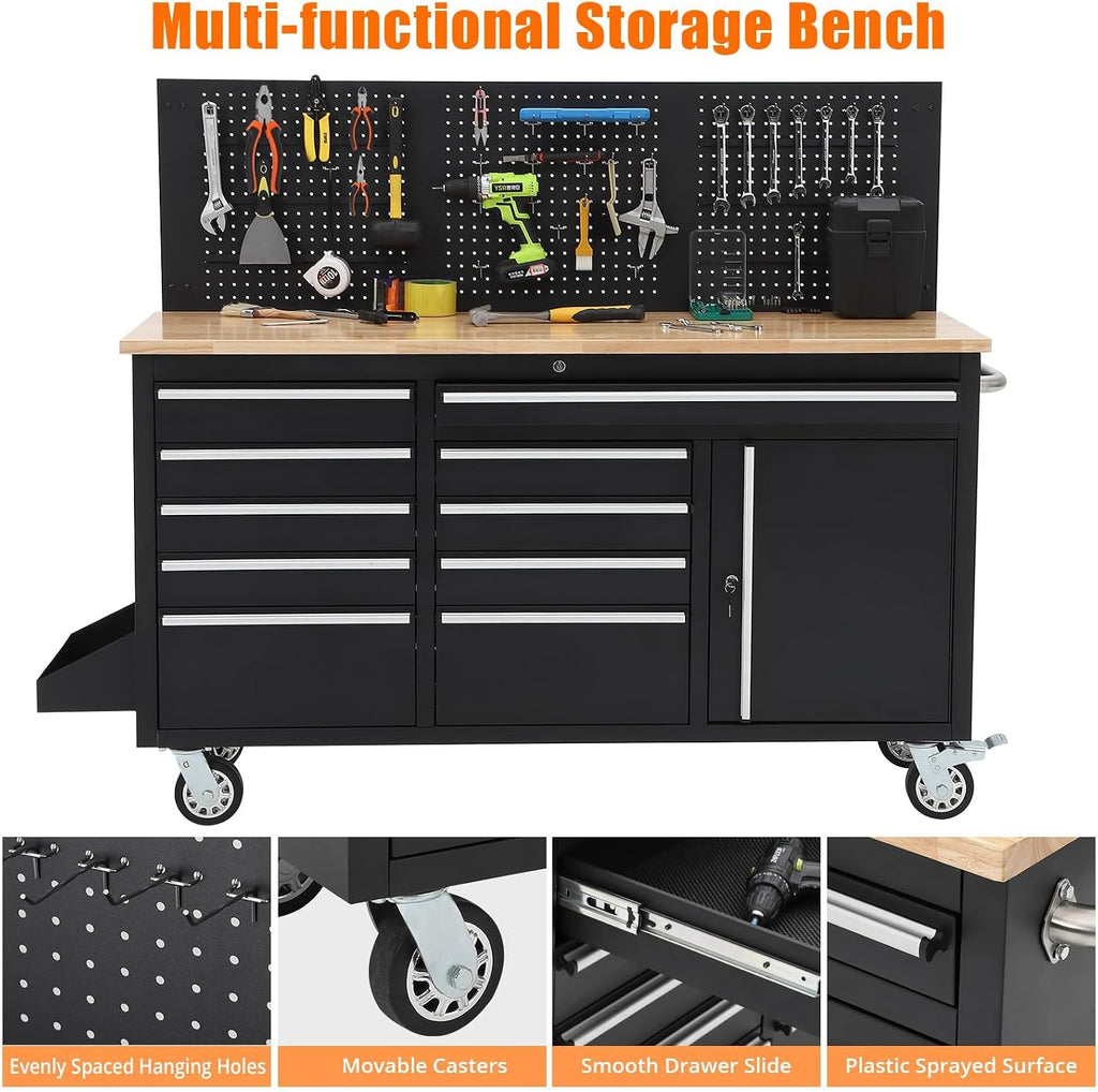 61in 10-Drawer Rolling Workbench Rubber Wood Top Power Strip