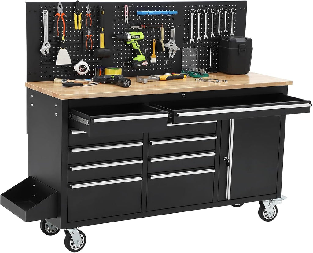 61in 10-Drawer Rolling Workbench Rubber Wood Top Power Strip