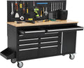 61in 10-Drawer Rolling Workbench Rubber Wood Top Power Strip