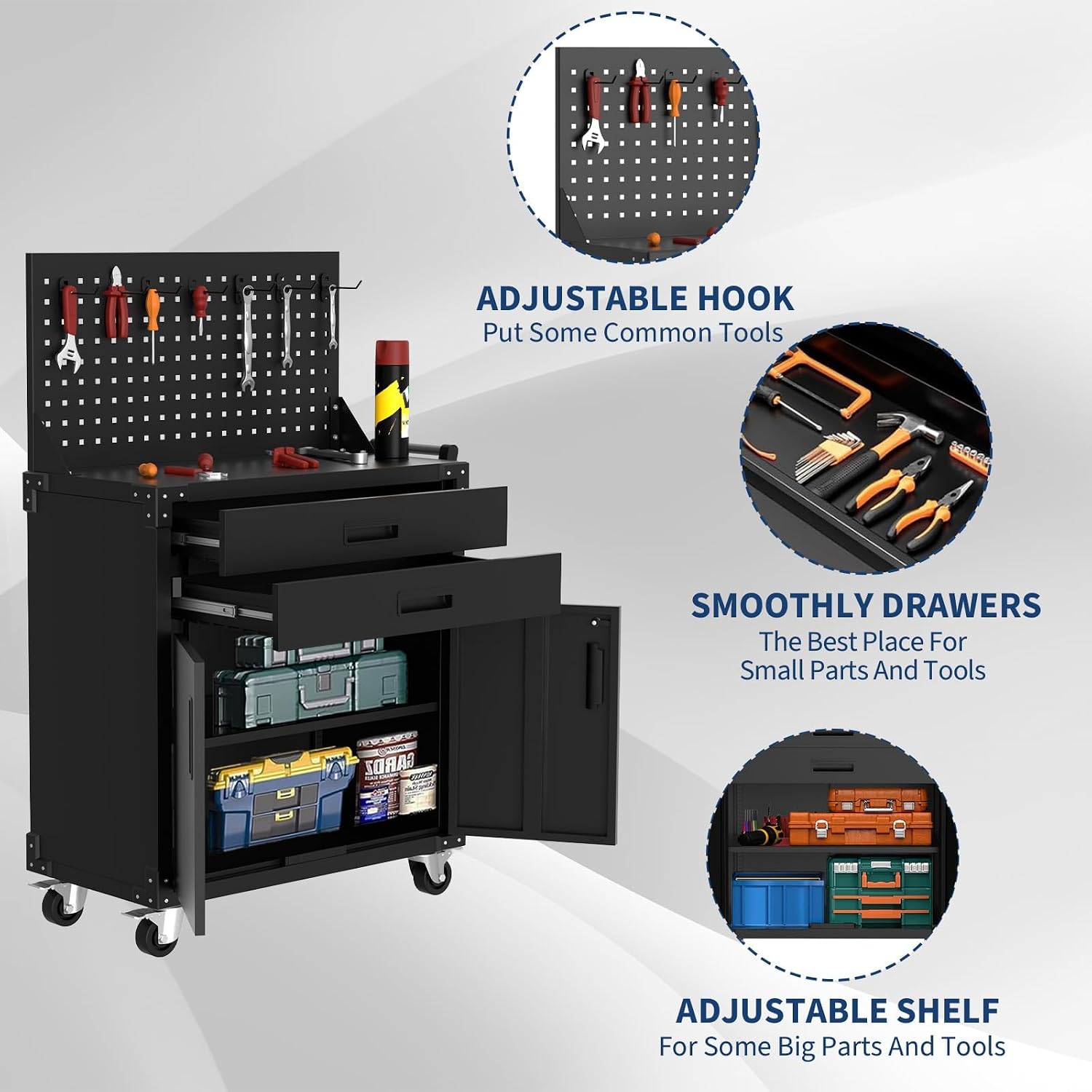 Heavy Duty Rolling Steel Tool Cabinet Pegboard Locking Casters