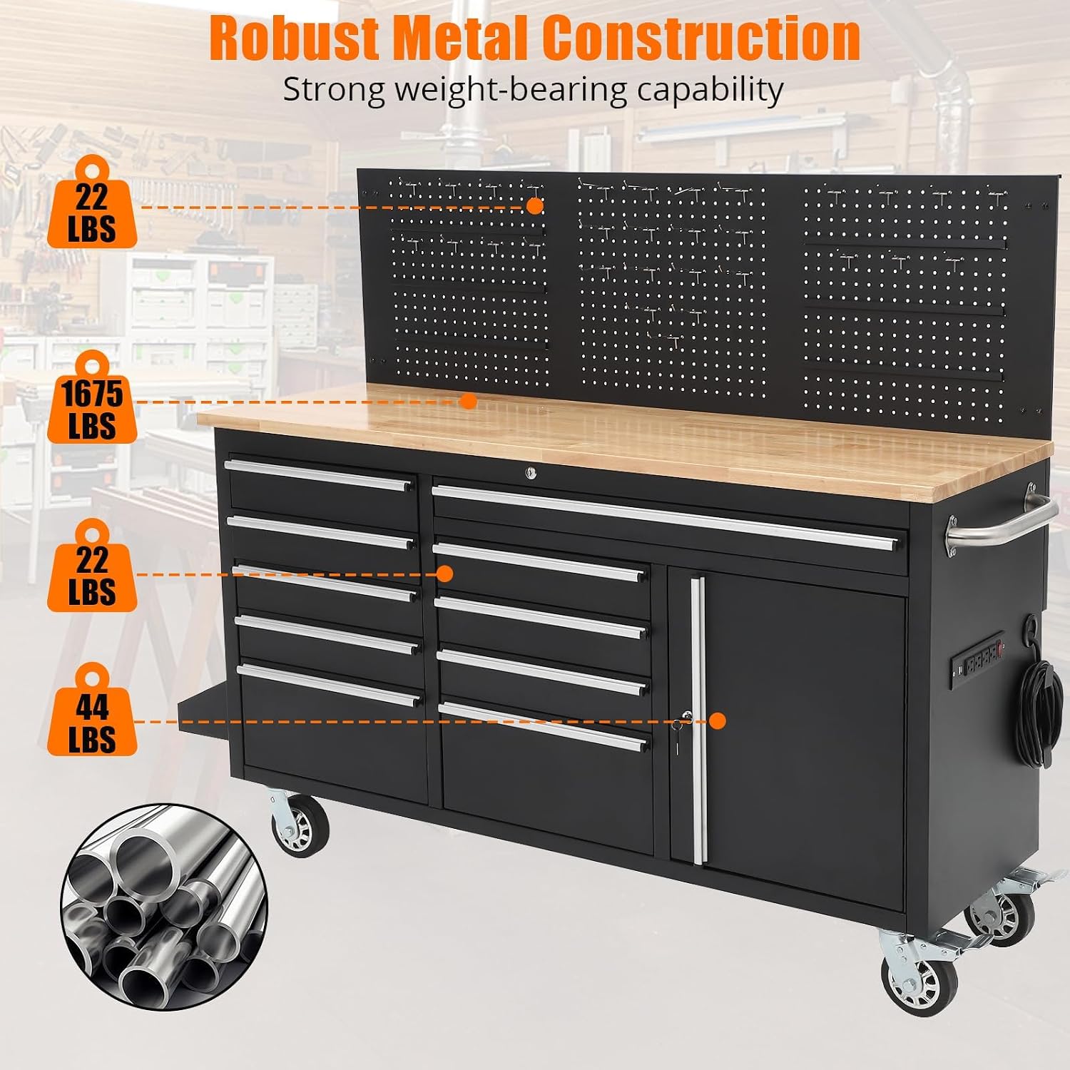 61in 10-Drawer Rolling Workbench Rubber Wood Top Power Strip