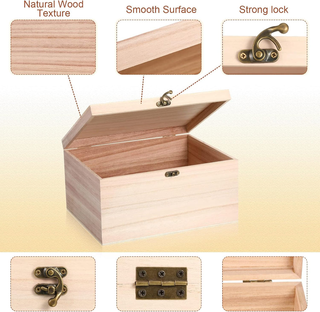 2 Pack Unfinished Wood Storage Box Hinged Lid Clasp