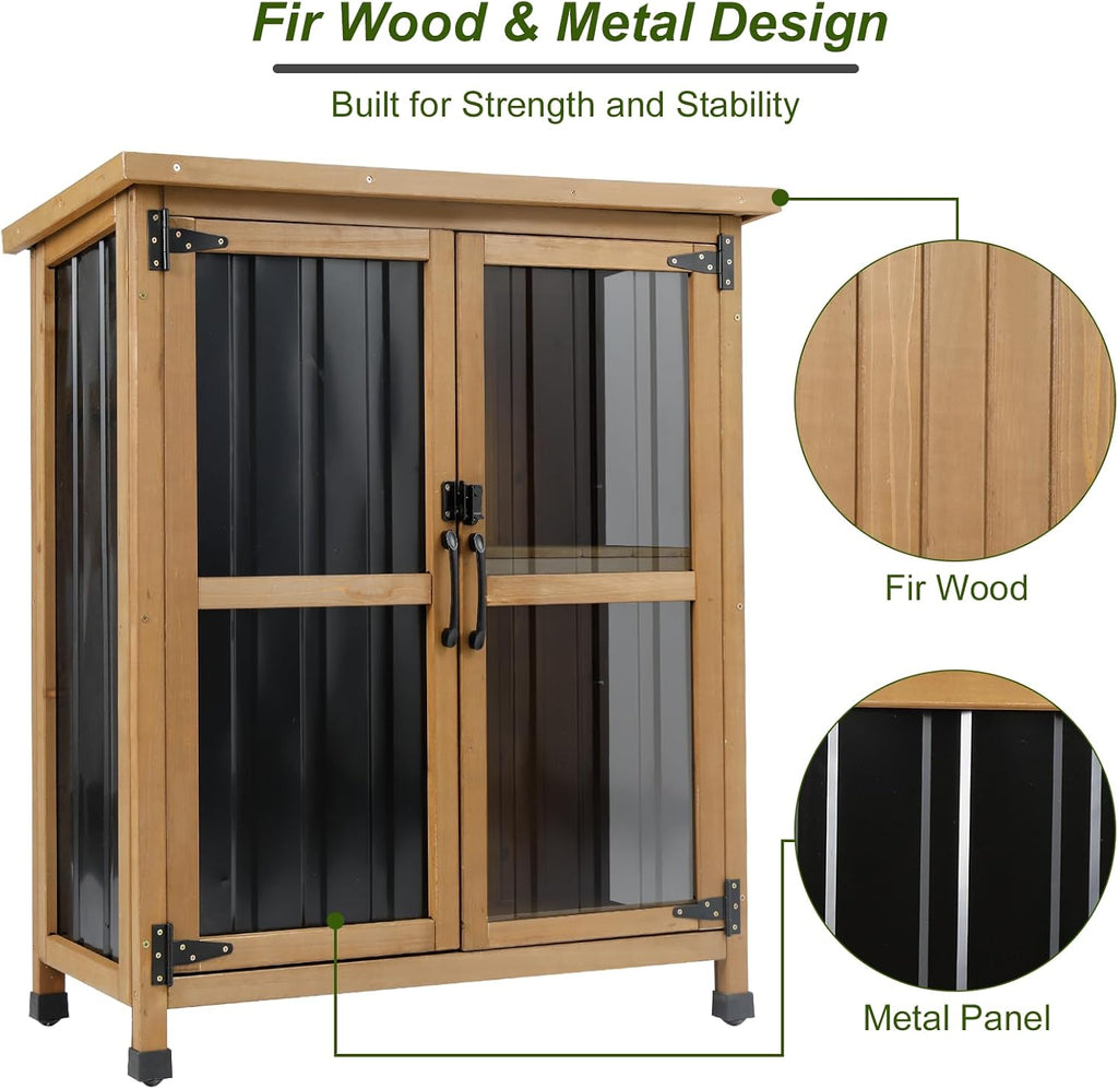 Weatherproof Wood Metal Garden Cabinet Lockable Removable Shelves