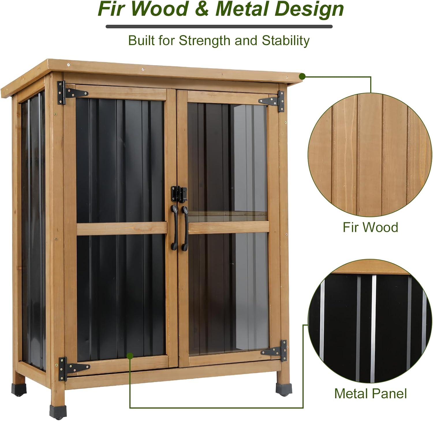 Weatherproof Wood Metal Garden Cabinet Lockable Removable Shelves