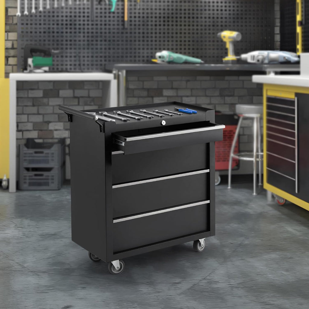 Black Rolling 4-Drawer Lockable Heavy Duty Tool Chest Cart