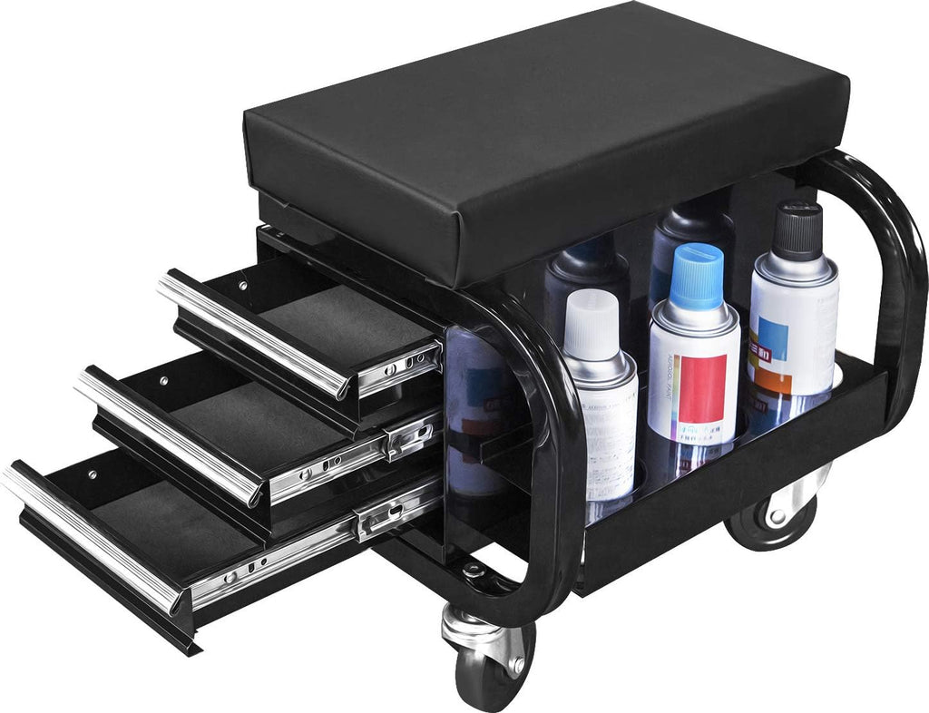 Black Rolling Tool Chest with Drawers Padded Stool Wheels