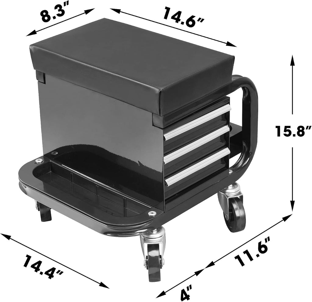Black Rolling Tool Chest with Drawers Padded Stool Wheels