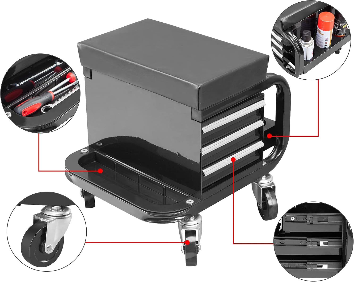 Black Rolling Tool Chest with Drawers Padded Stool Wheels