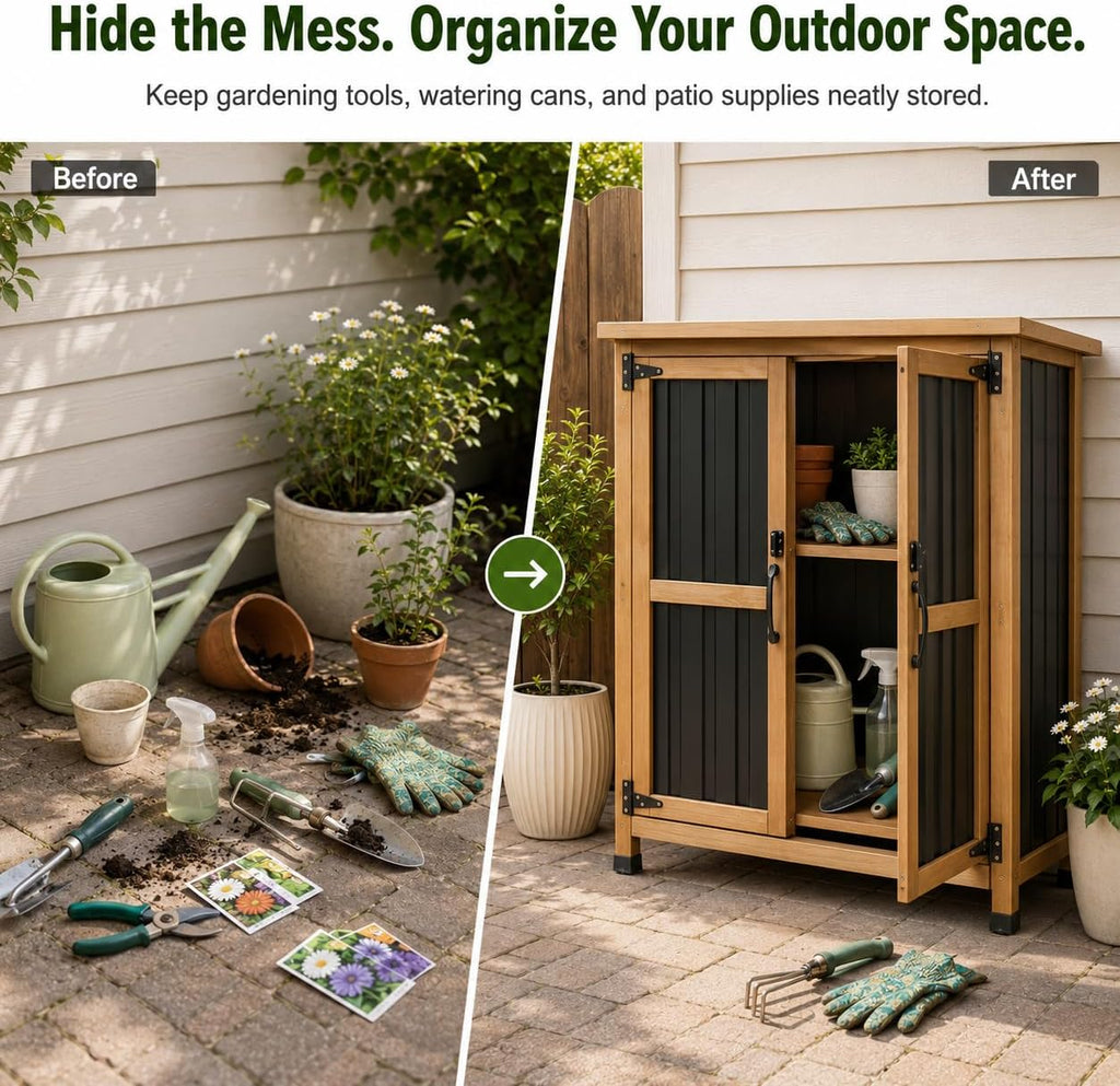 Weatherproof Wood Metal Garden Cabinet Lockable Removable Shelves