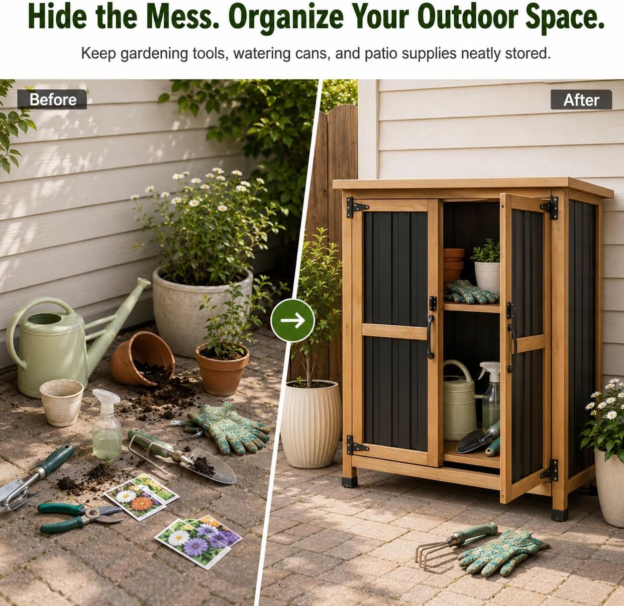 Weatherproof Wood Metal Garden Cabinet Lockable Removable Shelves