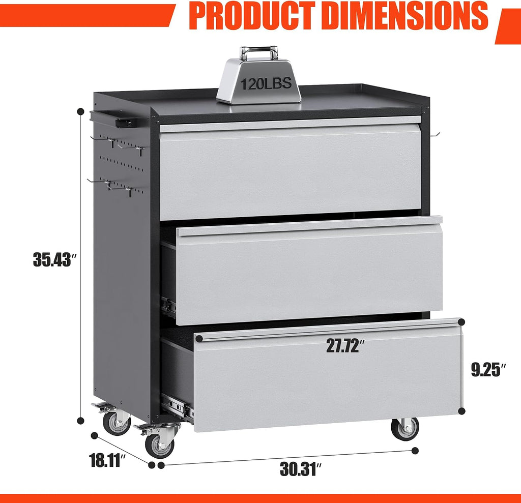 Black Gray Rolling 3-Drawer Tool Cabinet Pegboards Casters