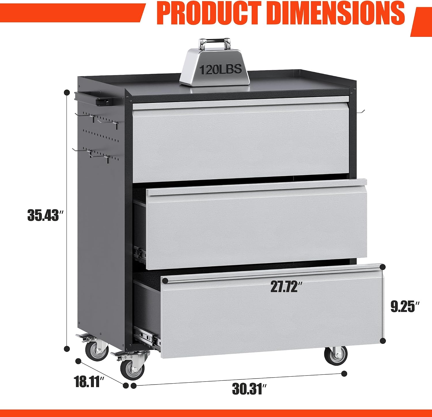 Black Gray Rolling 3-Drawer Tool Cabinet Pegboards Casters