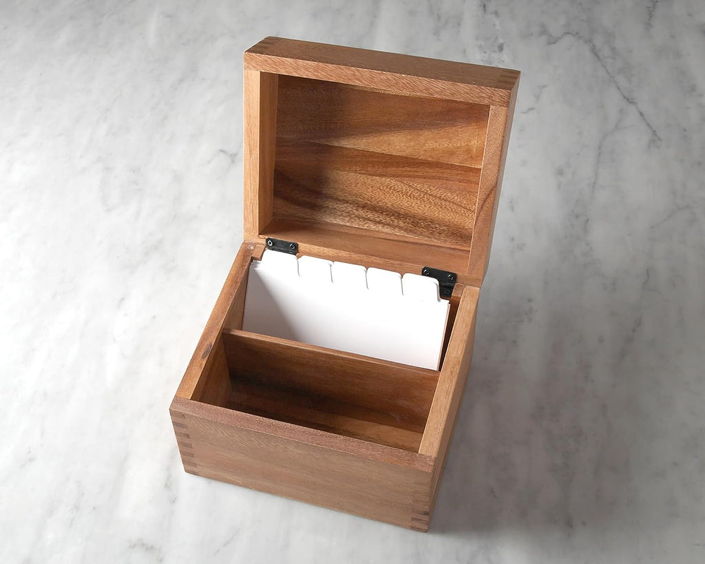 Acacia Wood Recipe Box Two Compartments Divider Tabs