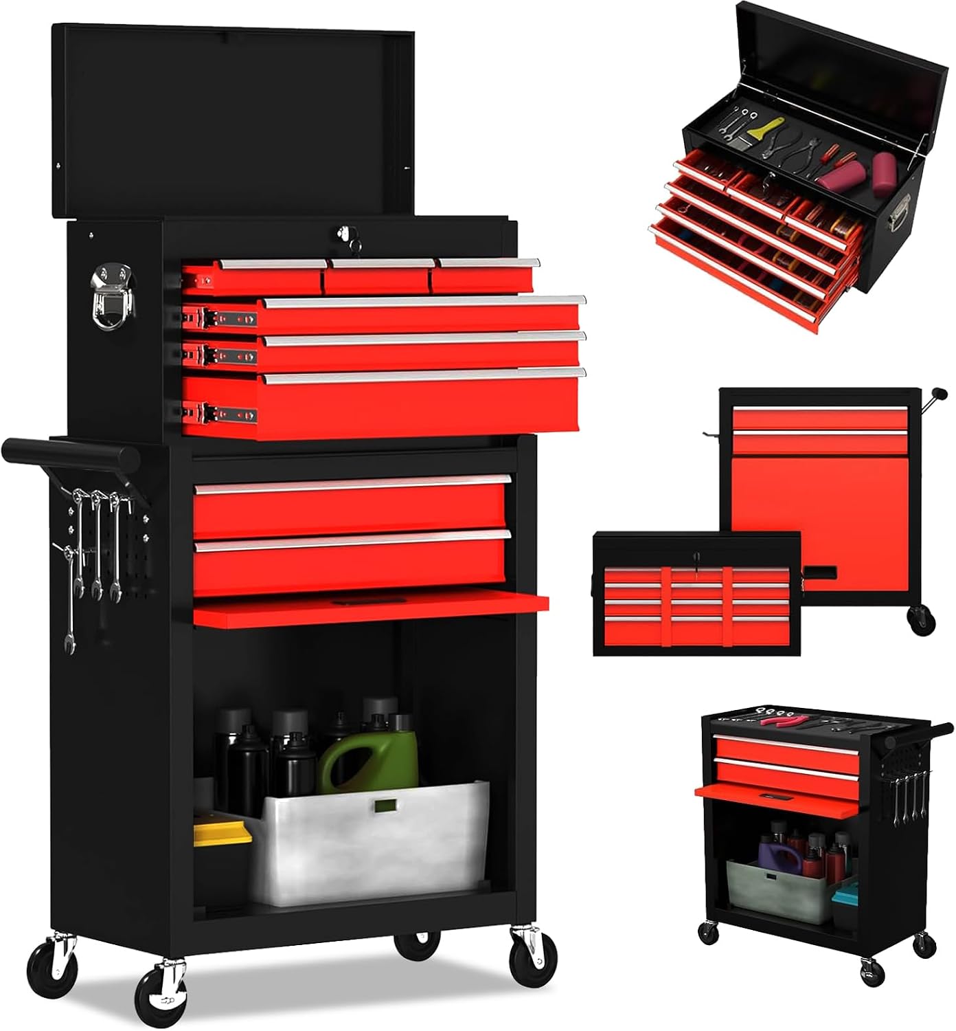 Black Red Rolling 8-Drawer Lockable Detachable Tool Chest