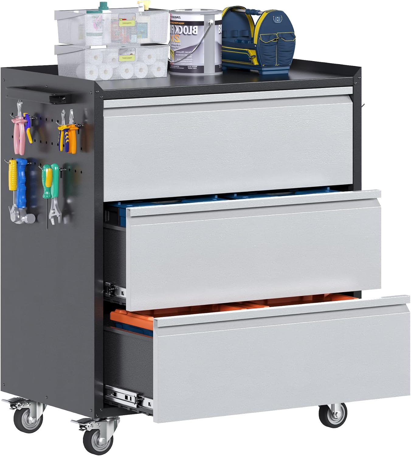 Rolling Metal Tool Cabinet Pegboards Lockable Casters Handle