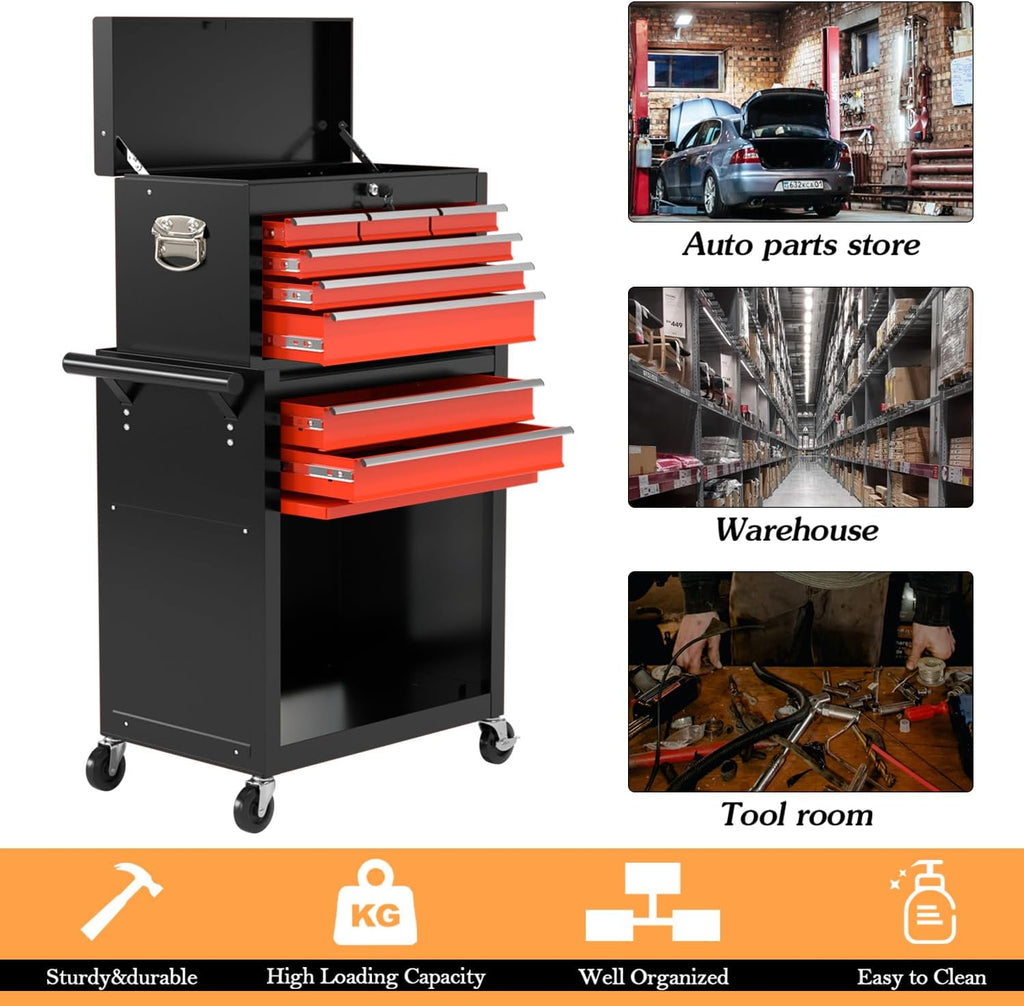 Black Red Rolling 8-Drawer Lockable Detachable Tool Chest