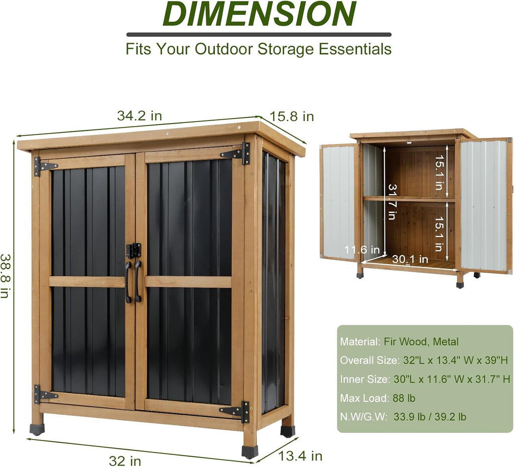 Weatherproof Wood Metal Garden Cabinet Lockable Removable Shelves