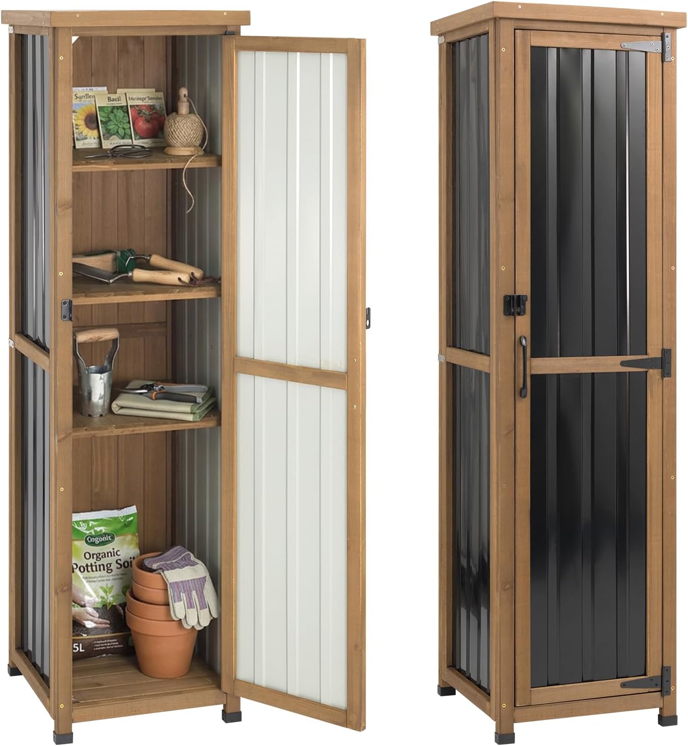 Weatherproof Wooden Outdoor Storage Bench Metal Top Shelves