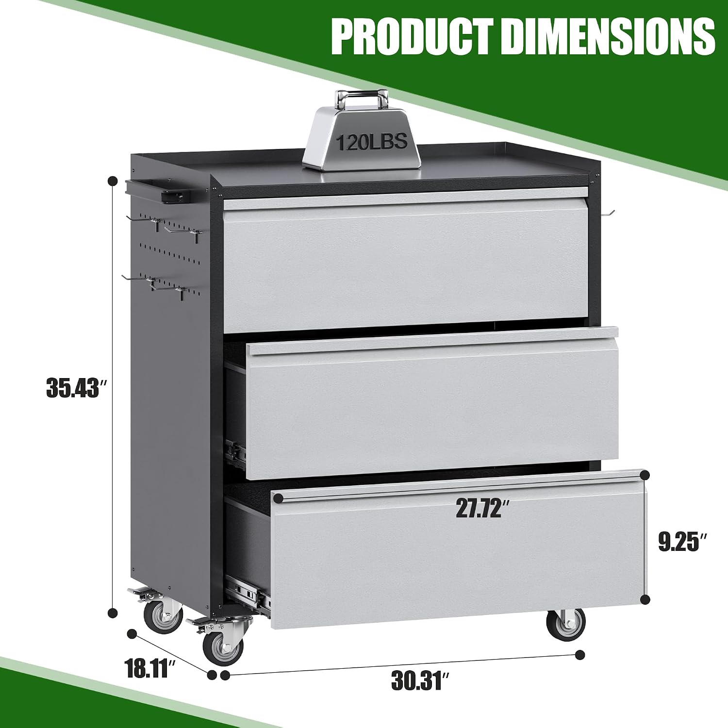 Rolling Metal Tool Cabinet Pegboards Lockable Casters Handle