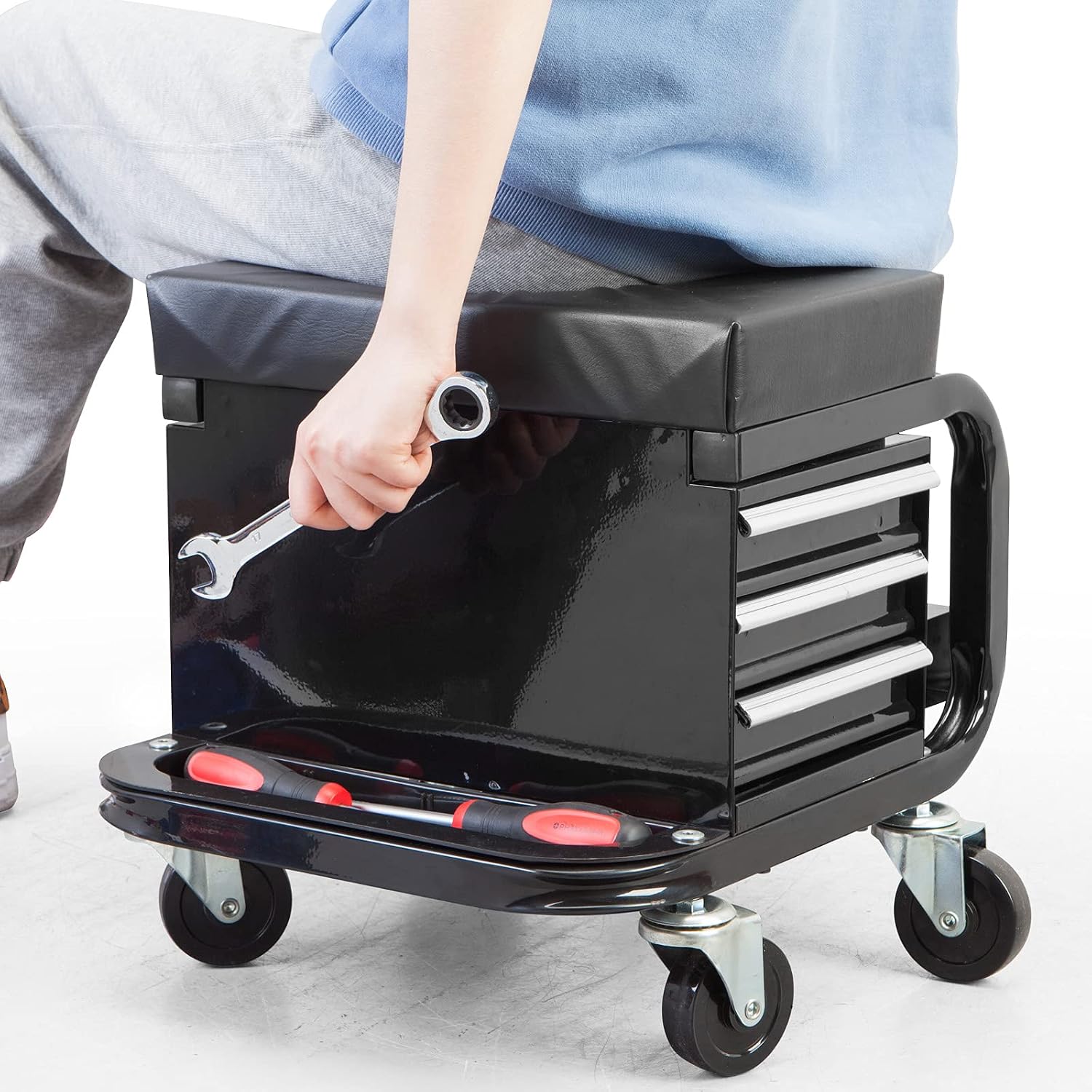 Black Rolling Tool Chest with Drawers Padded Stool Wheels