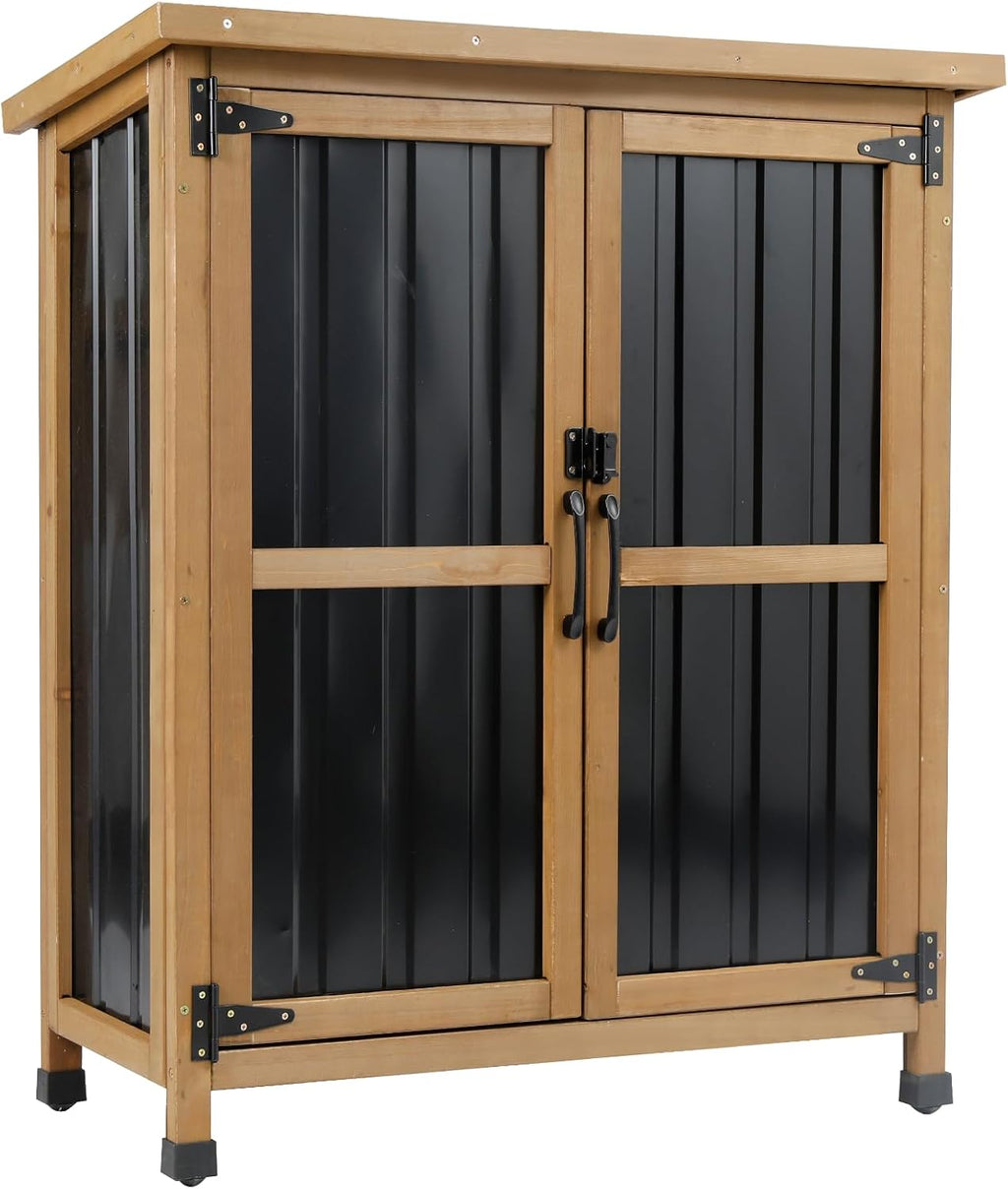 Weatherproof Wood Metal Garden Cabinet Lockable Removable Shelves