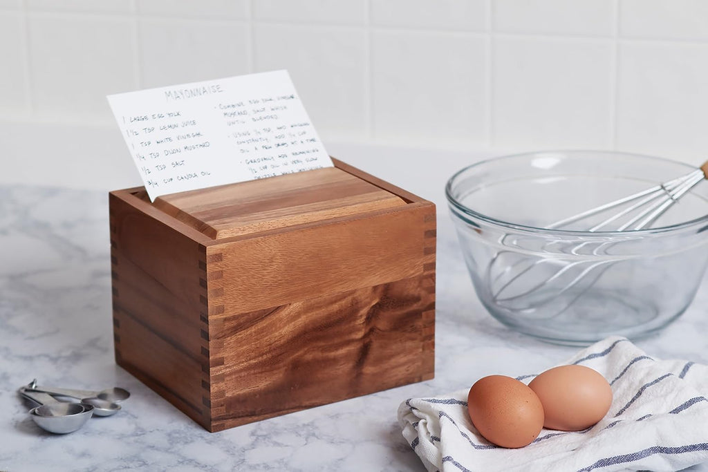 Acacia Wood Recipe Box Two Compartments Divider Tabs