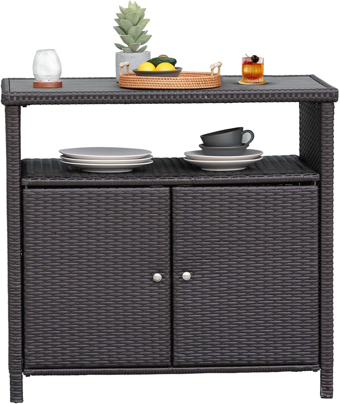Dark Brown Waterproof Wicker Outdoor Storage Sideboard Cabinet