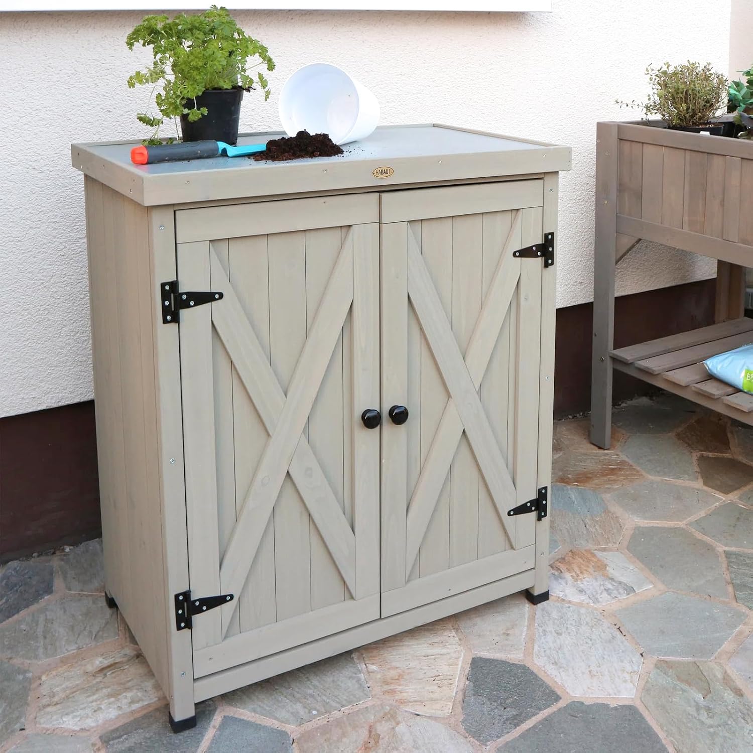 Weatherproof Wooden Potting Bench Metal Top Storage Shelves