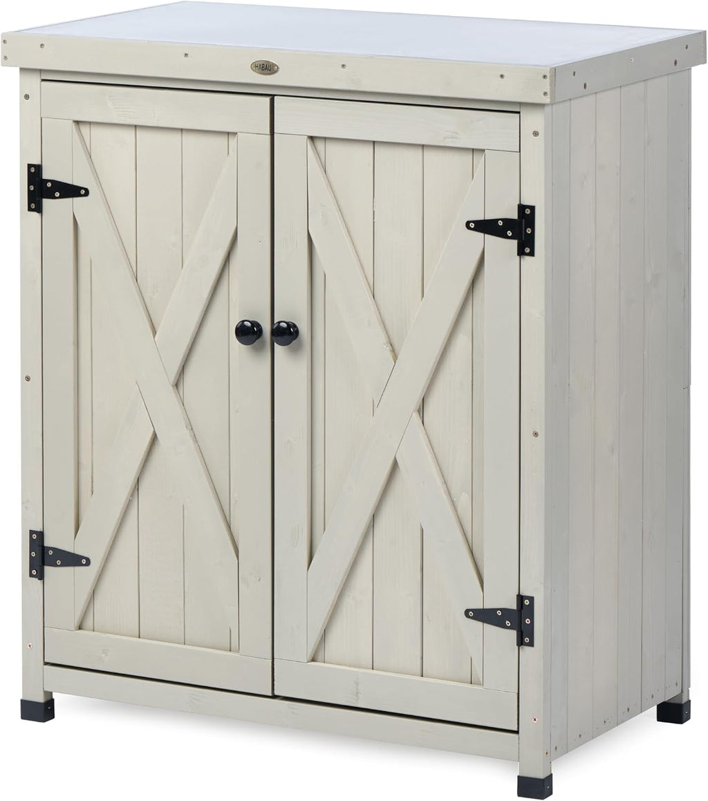Weatherproof Wooden Potting Bench Metal Top Storage Shelves