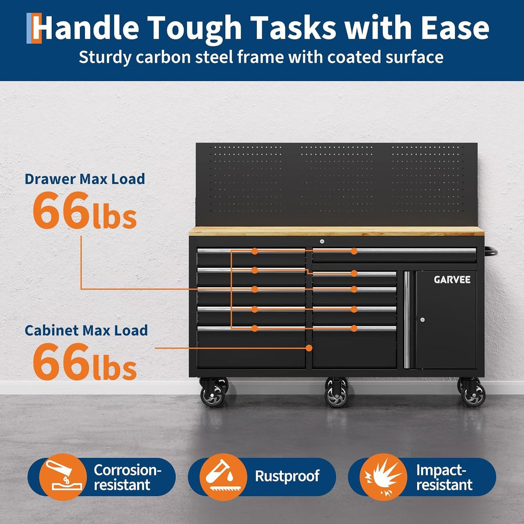 60in Black 10-Drawer Rolling Tool Chest Pegboard Charging Station