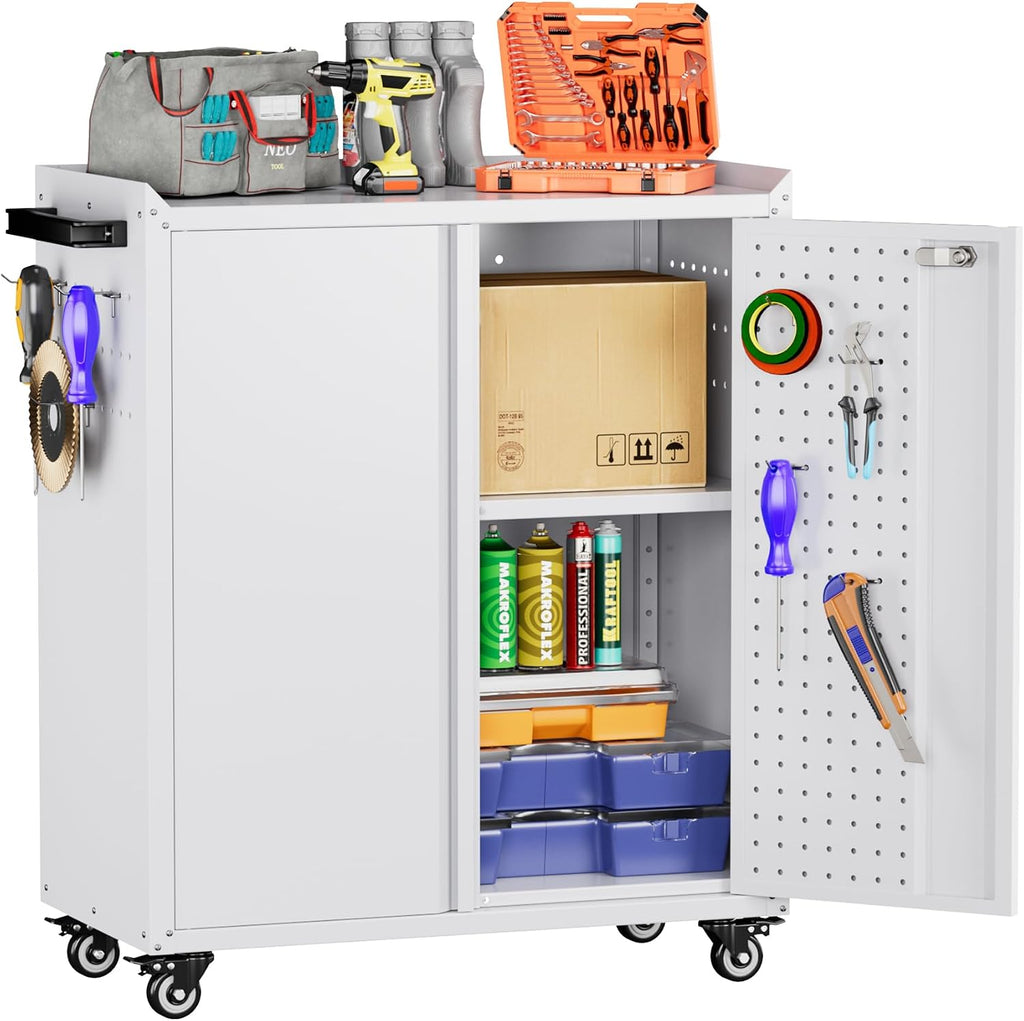 Rolling Steel Lockable Storage Cabinet Pegboard Adjustable Shelf